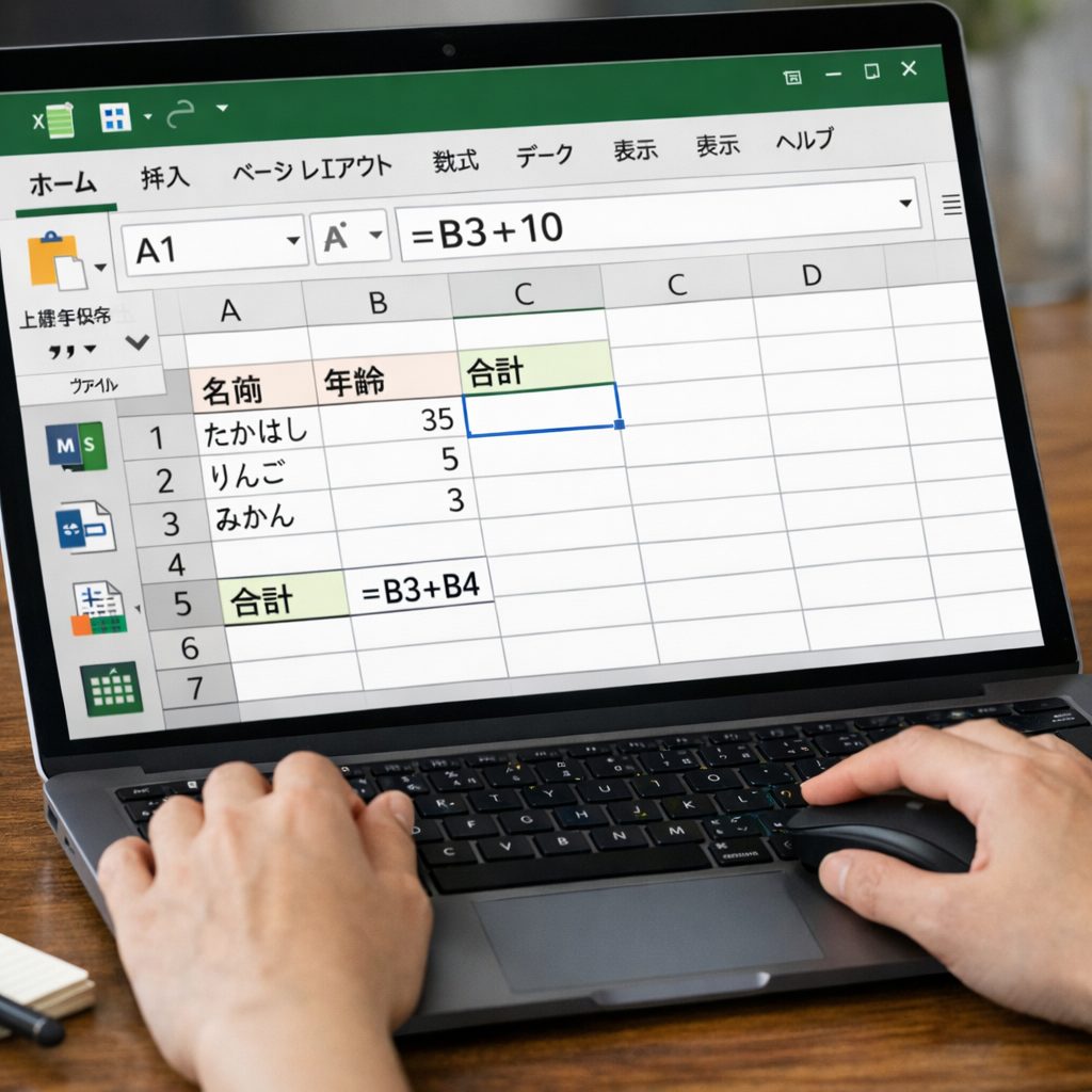 Excel初心者がノートパソコンで基本操作と簡単な計算を学習している様子
