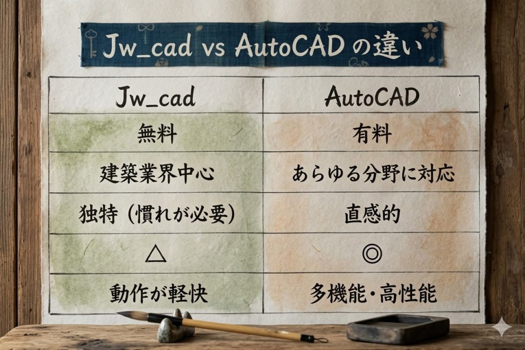 Jw_cadとAutoCADの違いを比較した表