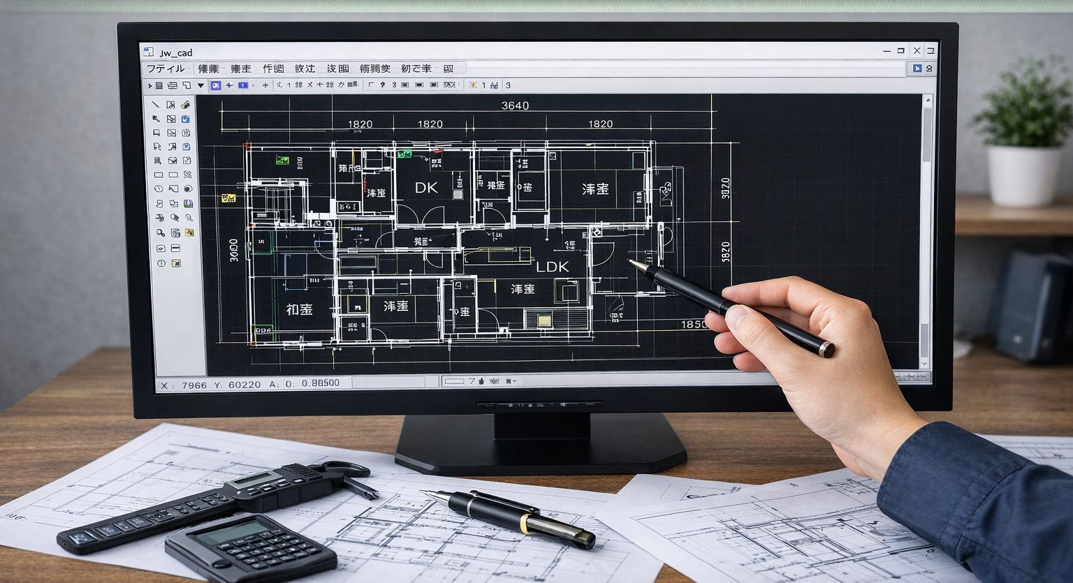 CADソフトで住宅の平面図を作成しているパソコン画面。建築図面の寸法や部屋の配置が表示されている。