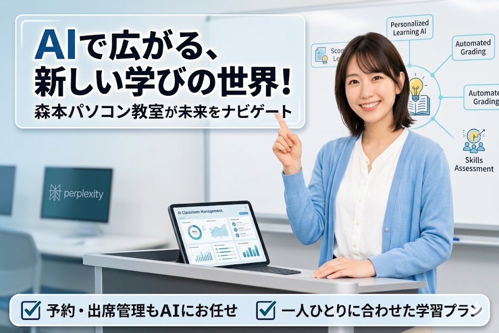 森本ぱそこん教室のAIを活用したWebsite管理と日常業務自動化を紹介するブログ記事のアイキャッチ画像。笑顔の講師が指差すタブレット画面と、背景のグラフやイラストが連携し、予約管理や顧客対応などが自動化されている様子を描く。