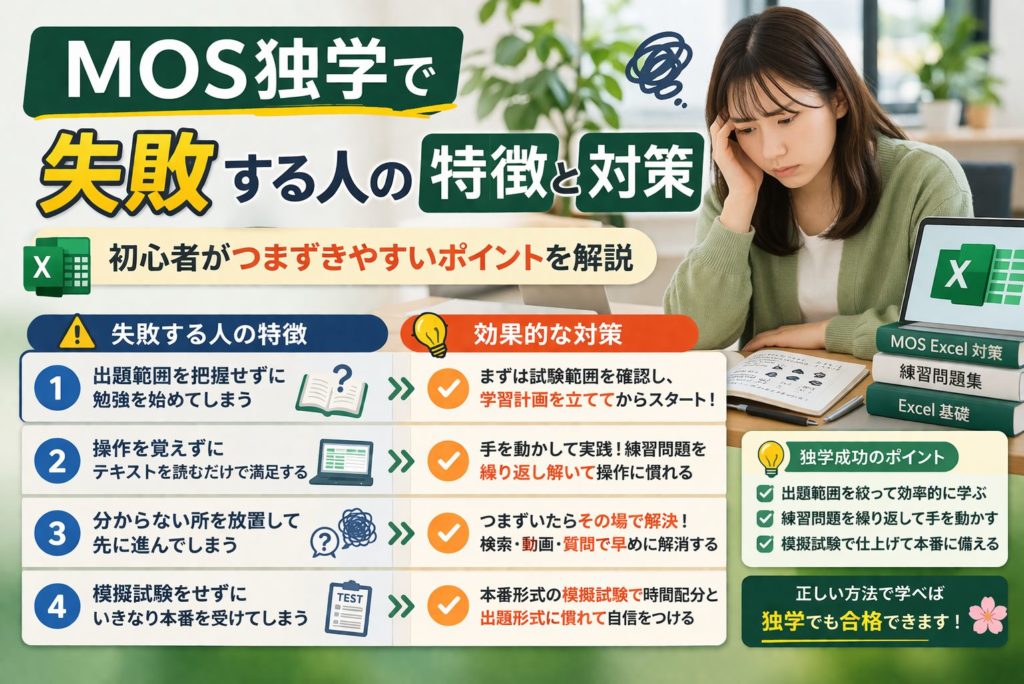 MOS独学で失敗する人の特徴と対策を初心者向けに解説するイメージ