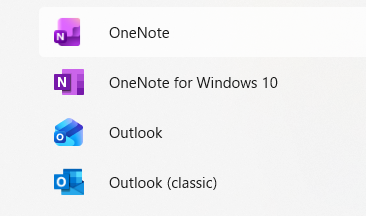 WindowsのスタートメニューでOneNoteとOneNote for Windows 10が表示されている画面