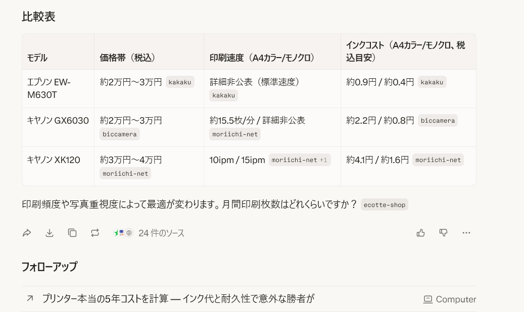 プリンター比較表の詳細。エプソン・キャノンの3機種が価格・速度・インクコストで比較されている